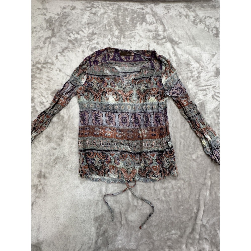 Crosby Women's Blouse Multicolor Size Medium Long Sleeve V-Neck Tie Off‎ EUC